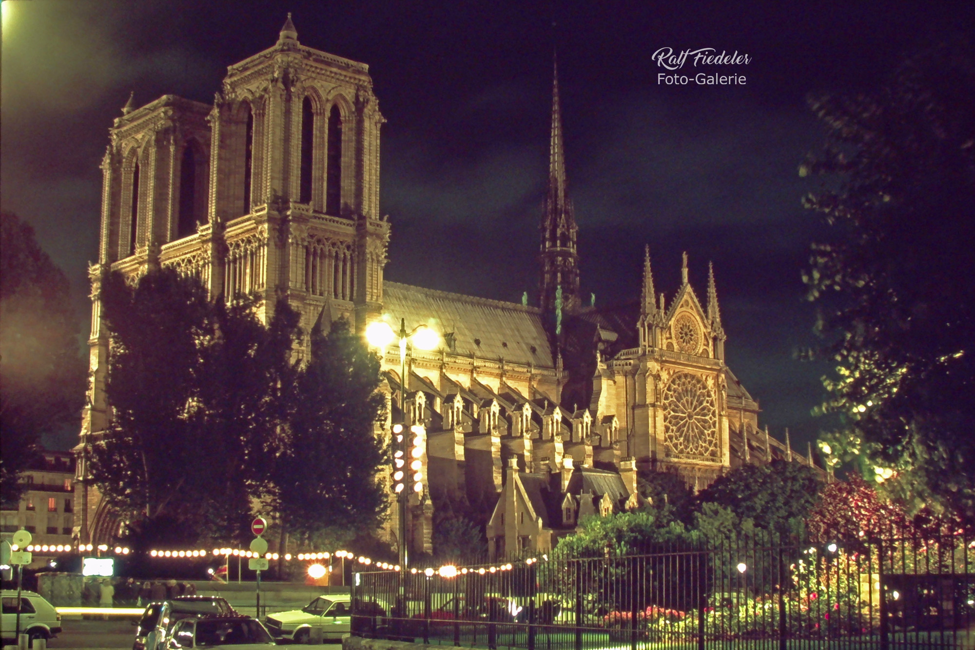 Beleuchtete Kathedrale Notre-Dame in Paris bei Nacht von der Seite