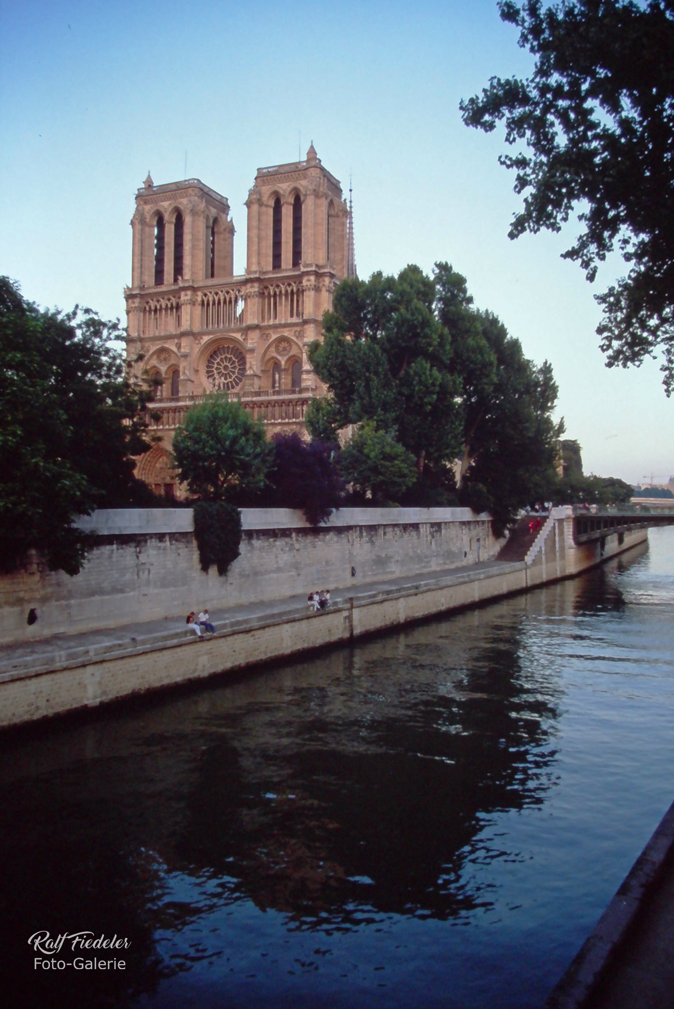 Kathedrale Notre-Dame in der Abendsonne mit Seine im Vordergrund