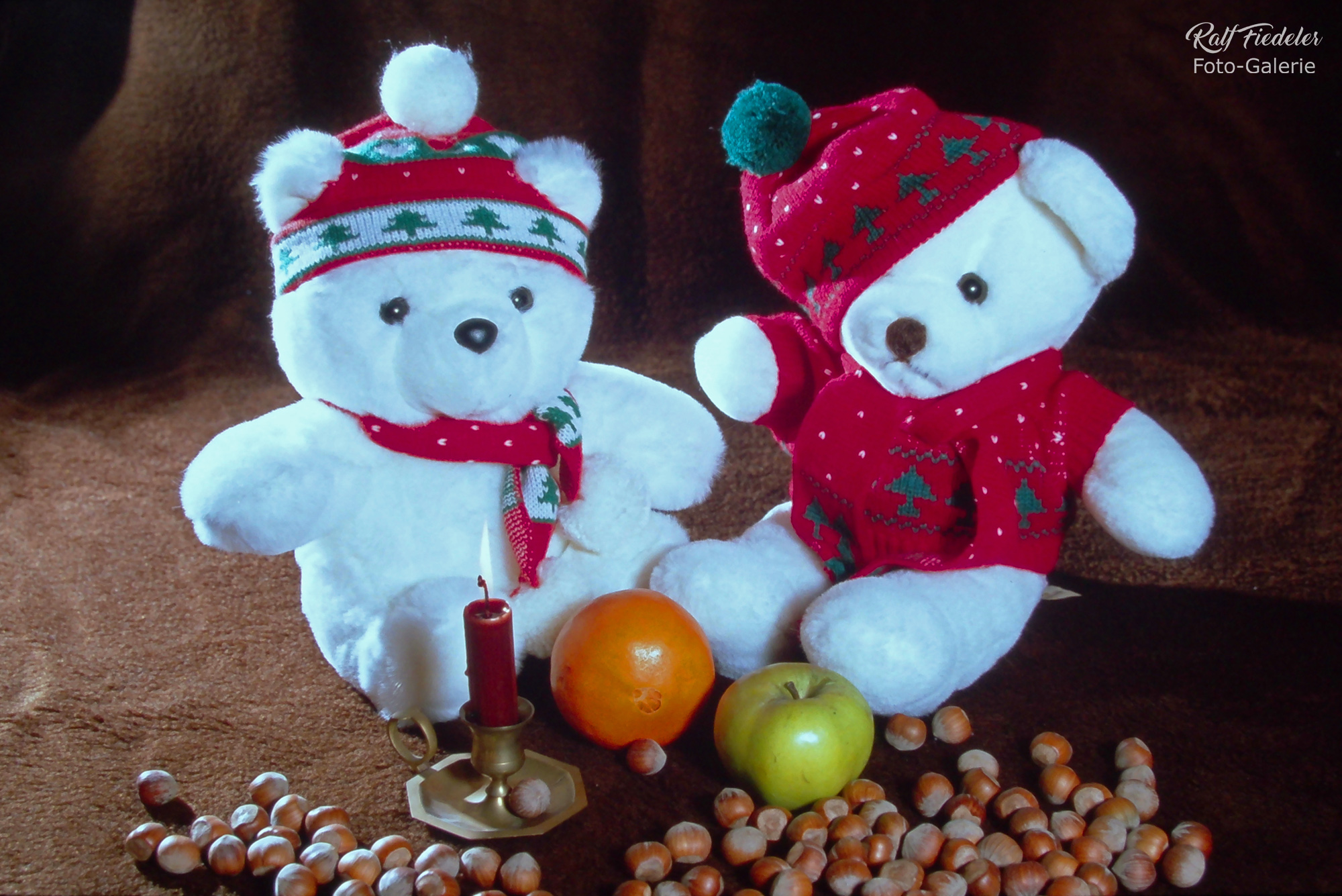 Studioaufnahme von zwei weihnachtlichen Stoffeisbären mit Dekorationen